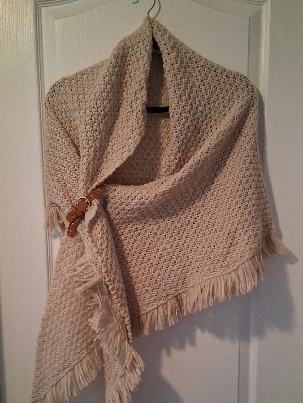 Cream Fringe Knit Poncho Wrap with Buckle Accent